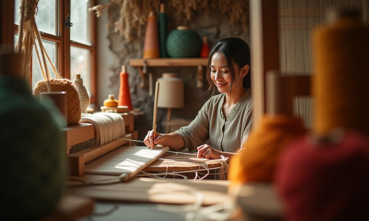 Une femme souriante travaillant sur un métier à tisser traditionnel, entourée de fils colorés dans un atelier lumineux.