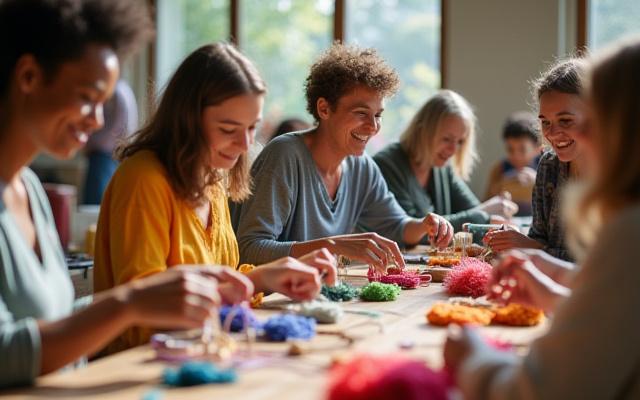 Groupe de personnes souriantes participant à un atelier de tissage, explorant des fils colorés